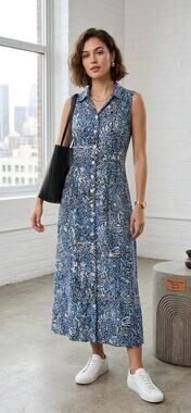 Vintage 90s Maggy London 100% Silk Maxi Shirt Dress Blue Abstract Print‎ Size 10